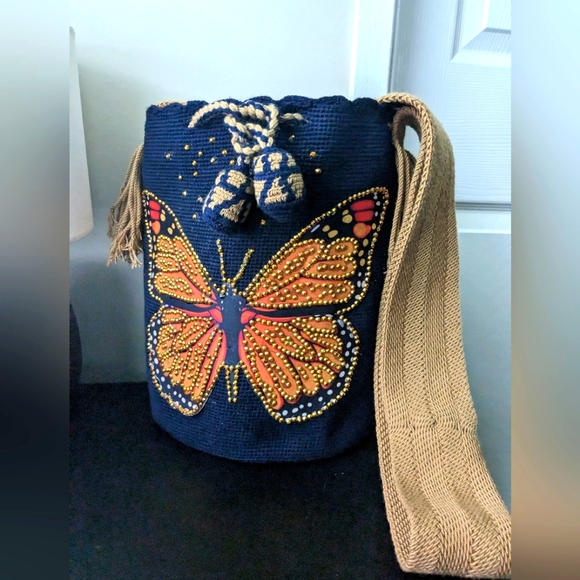 SOLD!  Wayuu Bag Golden Butterfly/ Dark Blue/ Camel/ Handmade Bag/ - Picture 2 of 10
